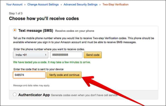 Click on Verify code and continue in Amazon