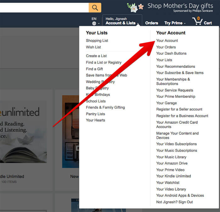 Click on Your Account in Amazon