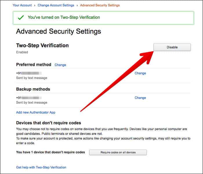 Disable Two-Step Verification in Amazon