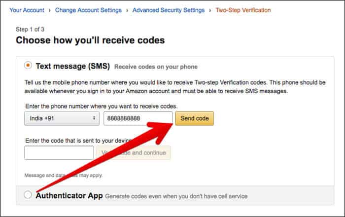 Enter Mobile Number and Click on Send Code in Amazon