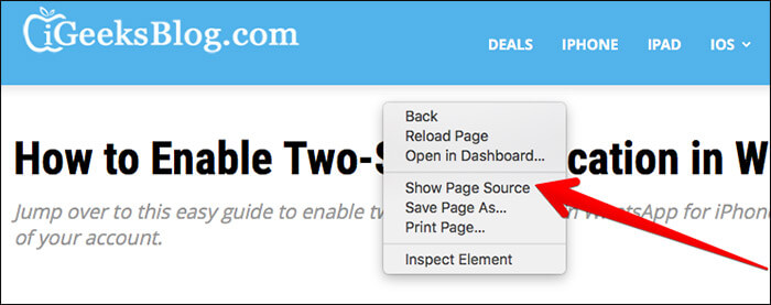 safari view source Right-click in Web Page and Click on Show Page Source