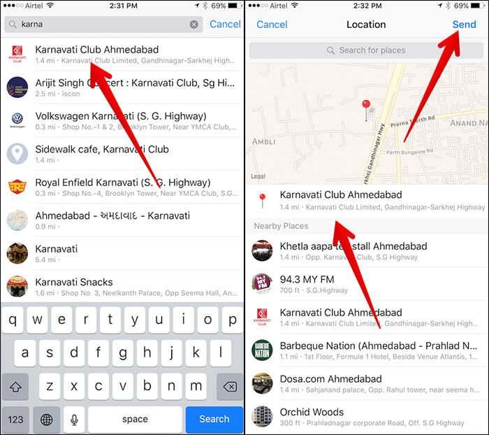 Send Specific Location in Messanger App on iPhone