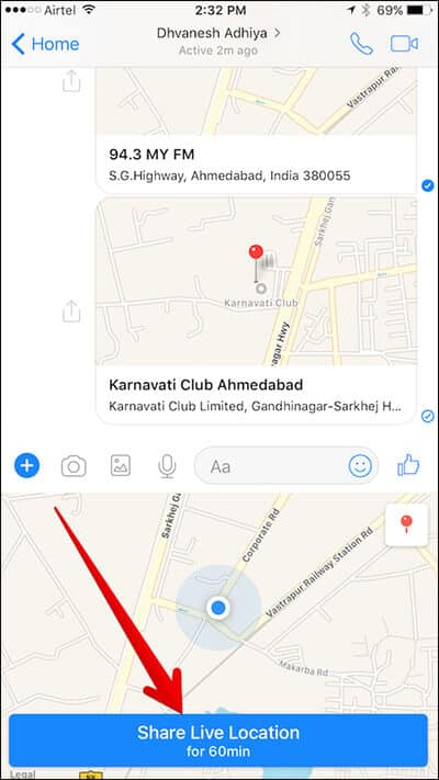 Share Live Location in Messenger App on iPhone