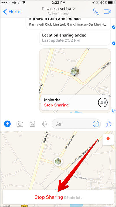 Stop Sharing Live Location in Messenger App on iPhone