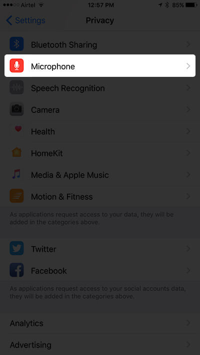 Tap on Microphone in Privacy Settings on iPhone