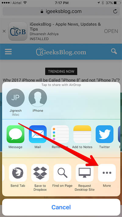 safari view source Tap on More in Safari Sharesheet on iPhone