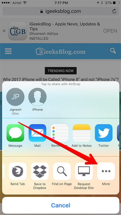 Tap on More in Safari Sharesheet on iPhone