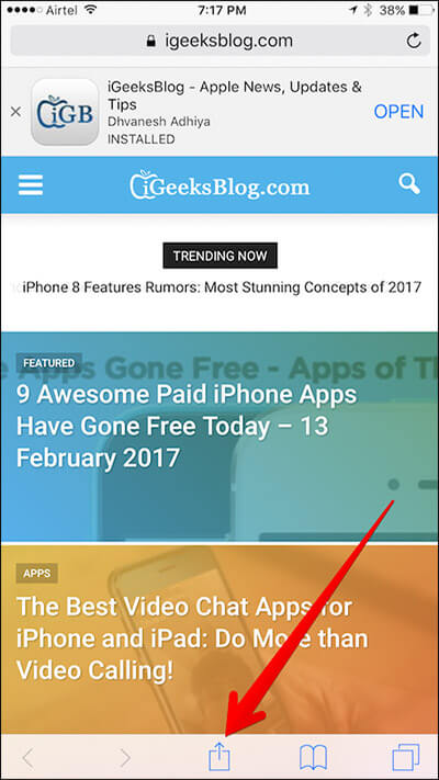 safari view source Tap on Share Button in Safari on iPhone