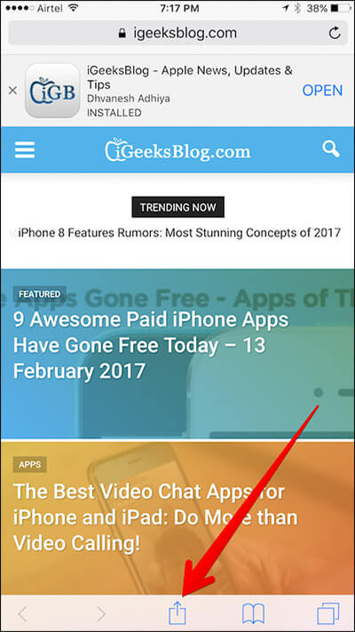 Tap on Share Button in Safari on iPhone