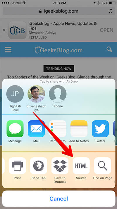safari view source Tap on Source in Safari Sharesheet on iPhone