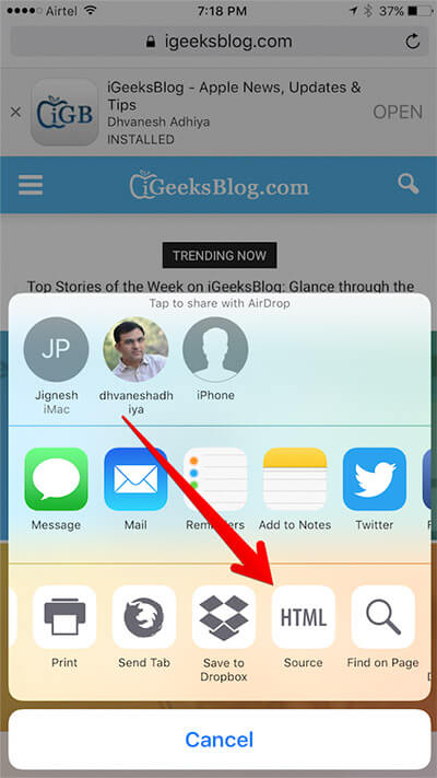 Tap on Source in Safari Sharesheet on iPhone