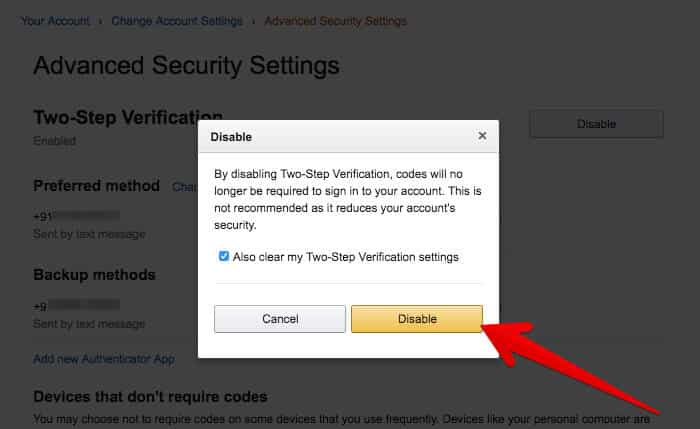 Turn Off Two-Step Verification in Amazon
