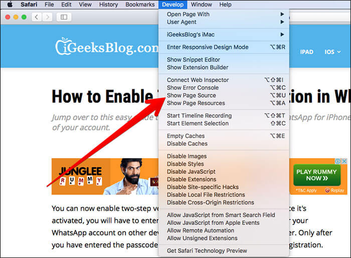 safari view source View Page Source Using Develop Menu on Mac