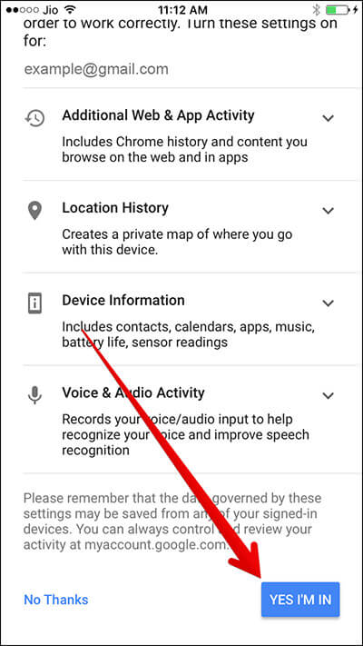 Allow Google Assistant Location History and Other Information on iPhone