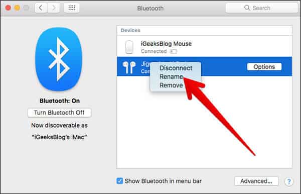 Click Rename in AirPods in Bluetooth on Mac