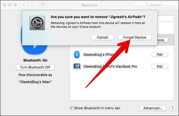 Click on Forget Device in Bluetooth on Mac