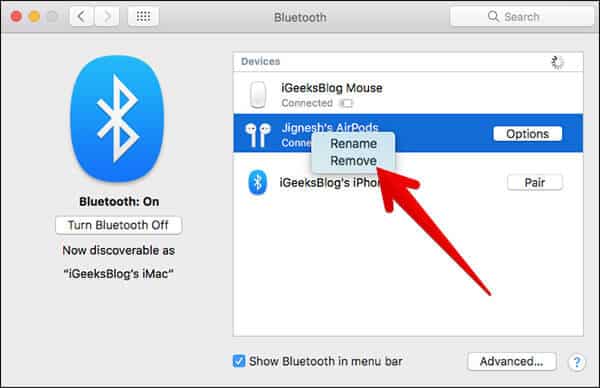 Click on Remove in Bluetooth for AirPods
