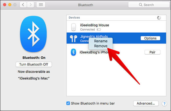 Click on Remove in Bluetooth for AirPods