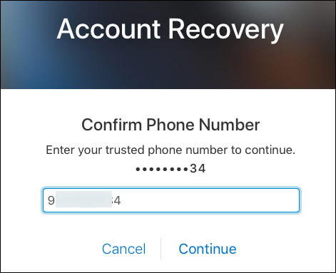 Enter phone number to receive a text message for recovery