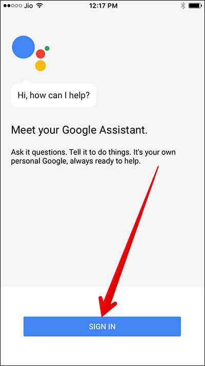 Google Assistant Sign In Screen on iPhone