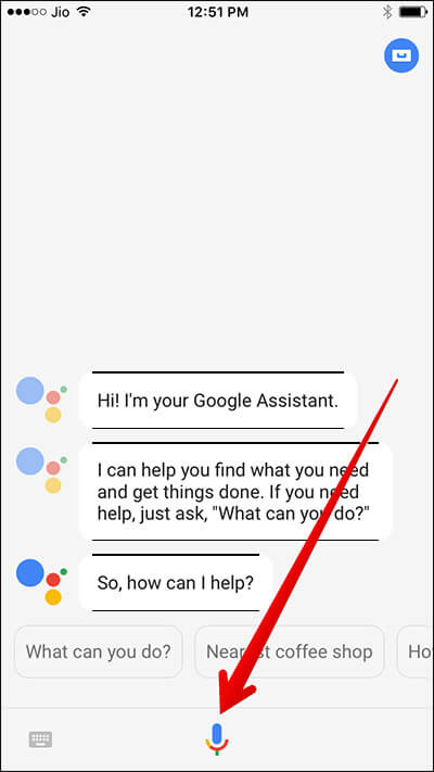 Tap on Microphone Icon in Google Assistant on iPhone