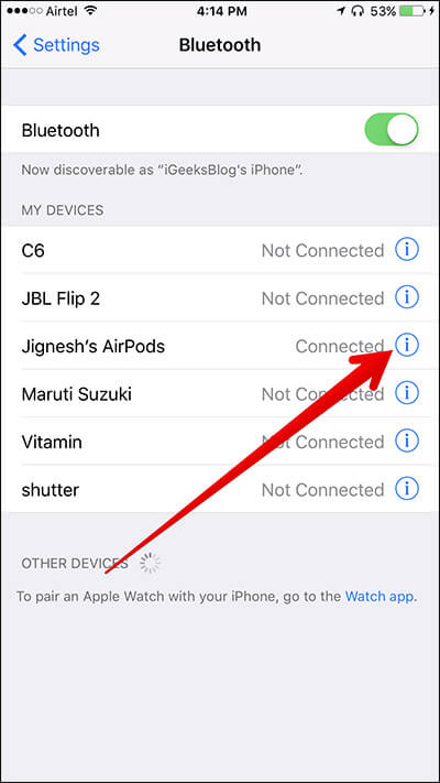 Tap on i Icon in Bluetooth for AirPods