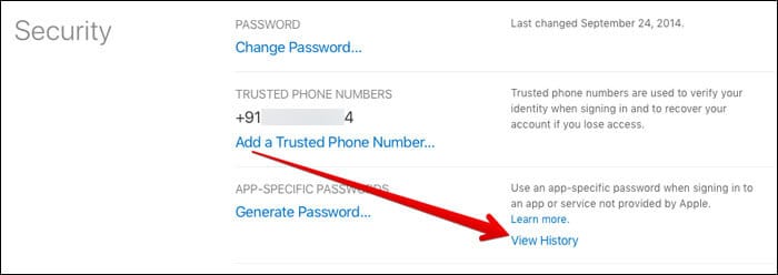 Under the App-Specific Passwords section, you need to select View History