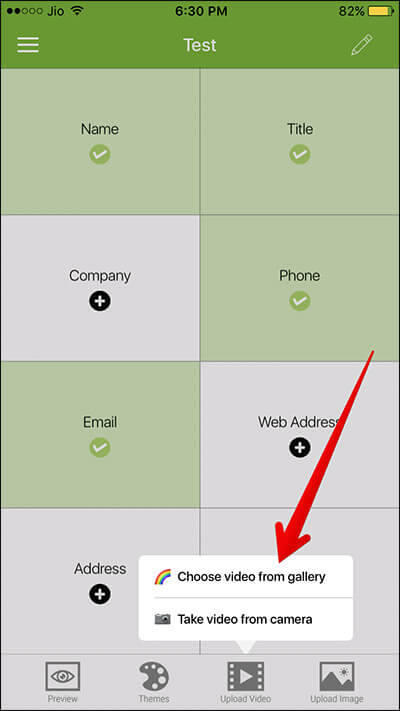 Upload Video in Switchit Business Card on iPhone