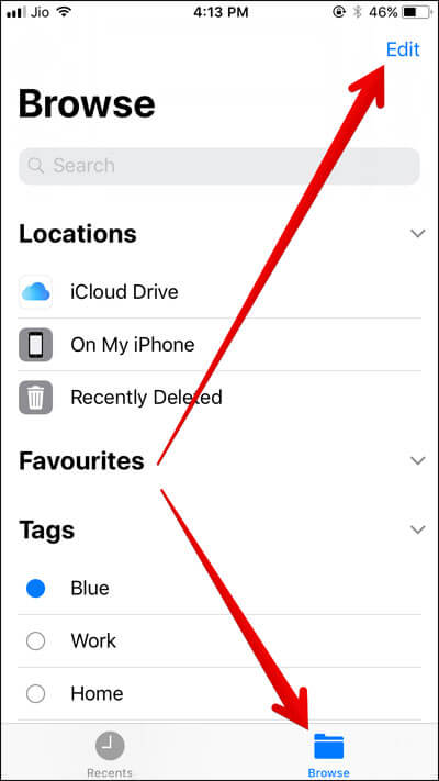 Tap on Browse Then Tap on Edit in Files App in iOS 11 on iPhone