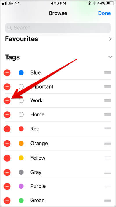 Tap on Red Button to Remove Tag in iOS 11 Files App