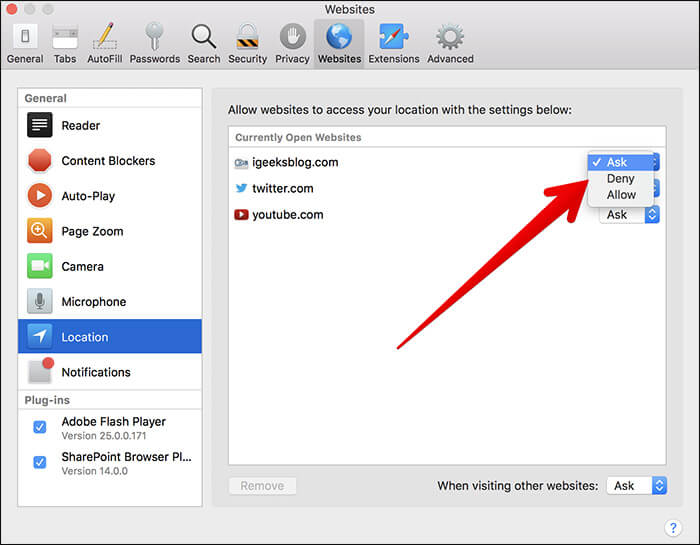 Allow Deny Location Service for Website in Safari on Mac