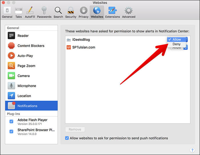 Allow Notifications for Website in Safari on Mac