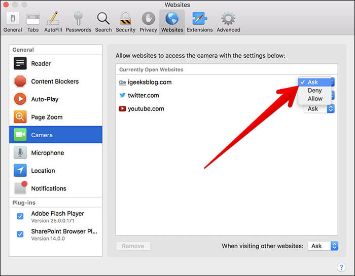 Allow Websites to Access Camera on Mac Running macOS High Sierra