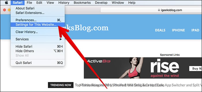 Click on Settings for This Site in Safari on Mac