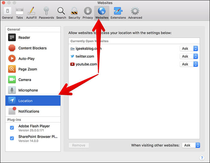 Click on websites tab then location in safari on mac Click on Websites Tab then Location in Safari on Mac