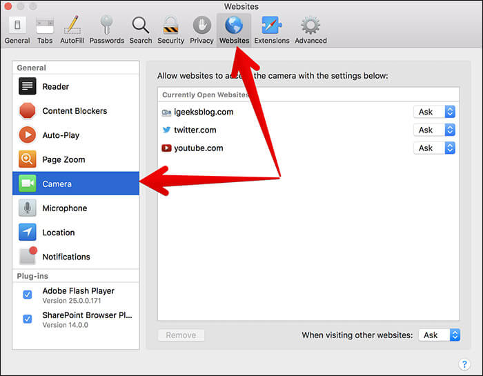 Click on websites then camera in macos high sierra on mac Click on Websites then Camera in macOS High Sierra on Mac