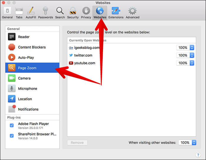 Click on websites then page zoom on mac running macos high sierra Click on Websites then Page Zoom on Mac running macOS High Sierra