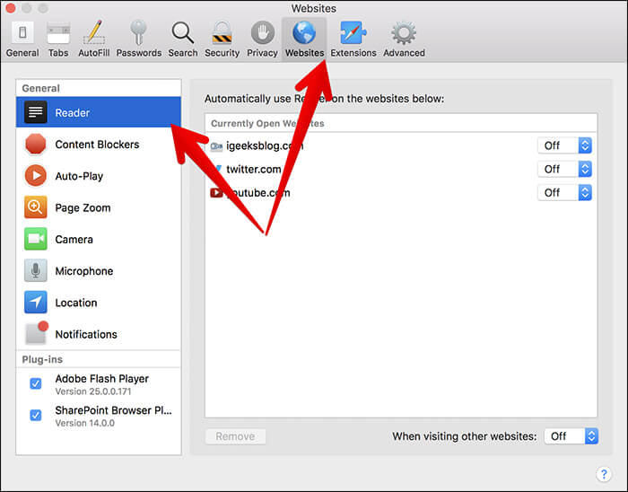 Click on websites then reader in macos high sierra Click on Websites then Reader in macOS High Sierra
