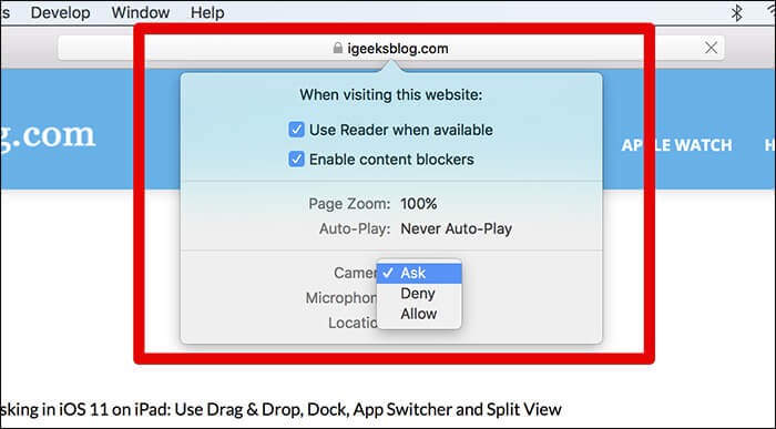 Customize Options for Specific Websites in Safari on Mac running macOS High Sierra