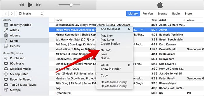 Click on Get Info in Song in iTunes on Mac or Windows PC