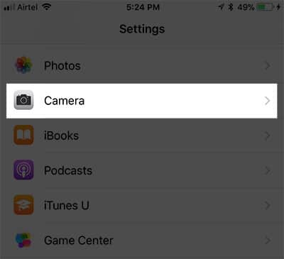 Tap on Camera in iPhone Settings