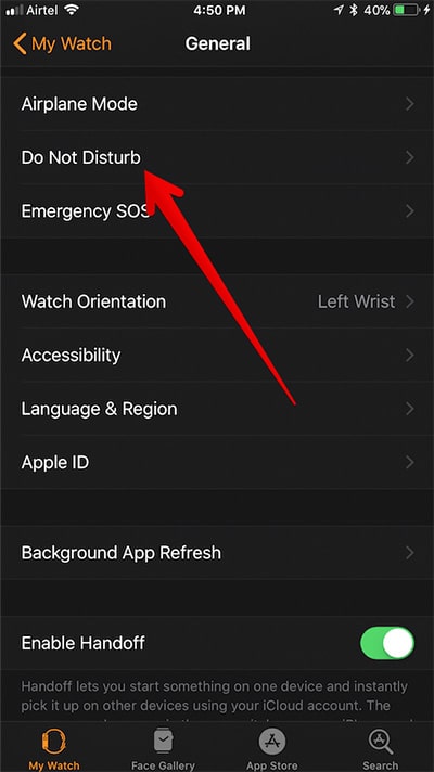 Tap on Do Not Disturb in Apple Watch App on iPhone