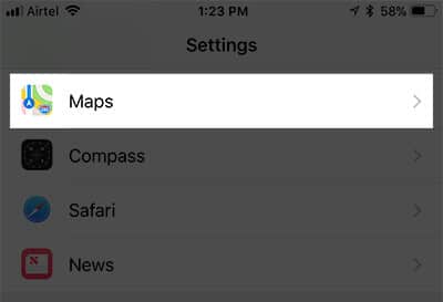 Tap on Maps in iOS 11 Settings on iPhone