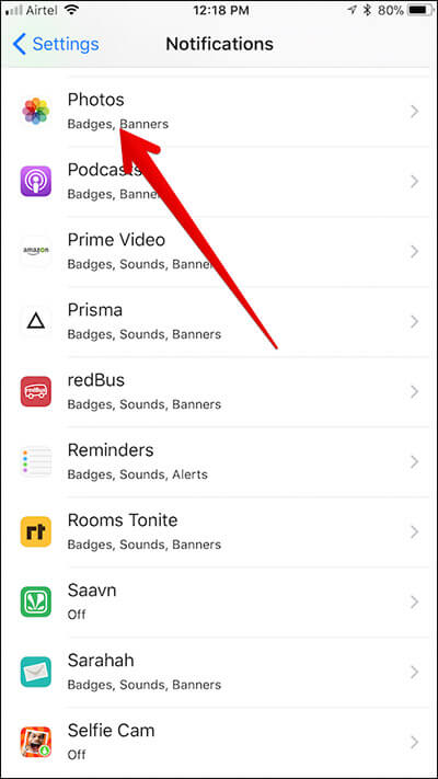 Tap on Photos in Notification Settings on iPhone