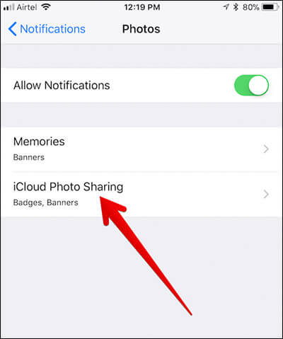 Tap on iCloud Photo Sharing in iPhone Settings