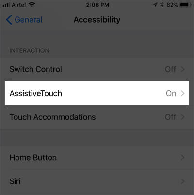 Tap on AssistiveTouch in Accessibility Settings on iPhone