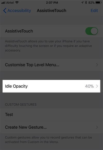 Tap on Idle Opacity in AssistiveTouch Settings in iOS 11 on iPhone