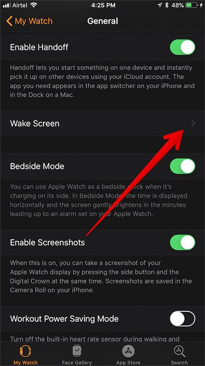 Tap on Wake Screen in Watch App on iPhone
