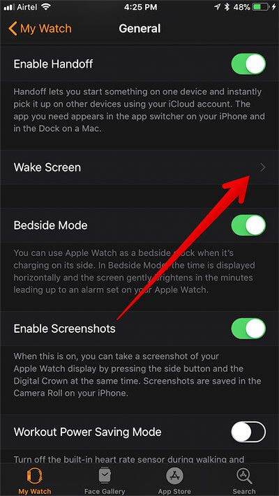 Tap on wake screen in watch app on iphone