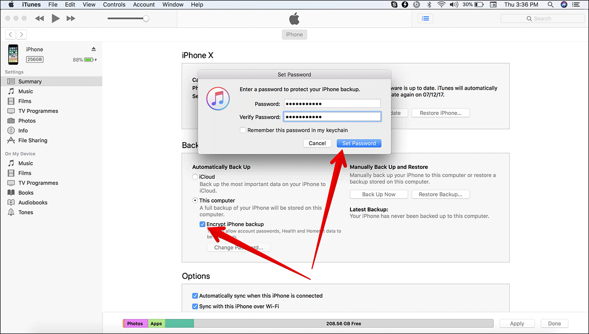 Enable Encrypted Backup in iTunes